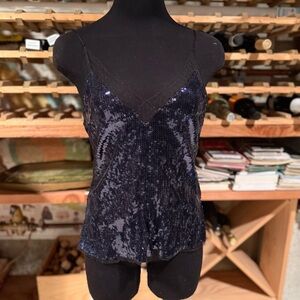 Free People Navy Blue Sequin Top With Lace Trim